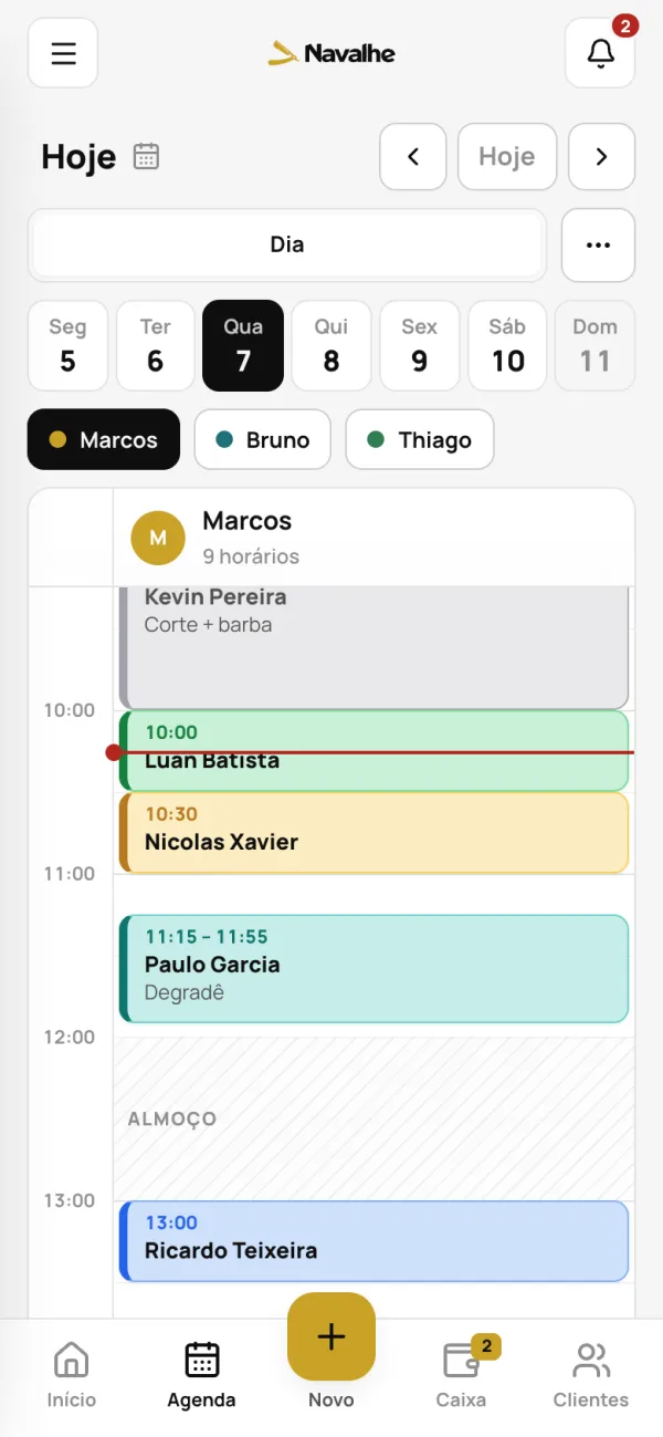 Agenda do dia com os horários de cada barbeiro