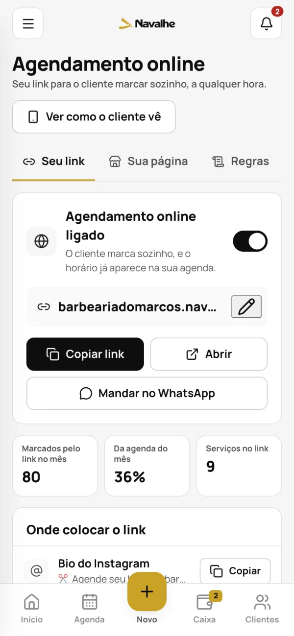 Tela do link de agendamento da barbearia no GestãoBLZ