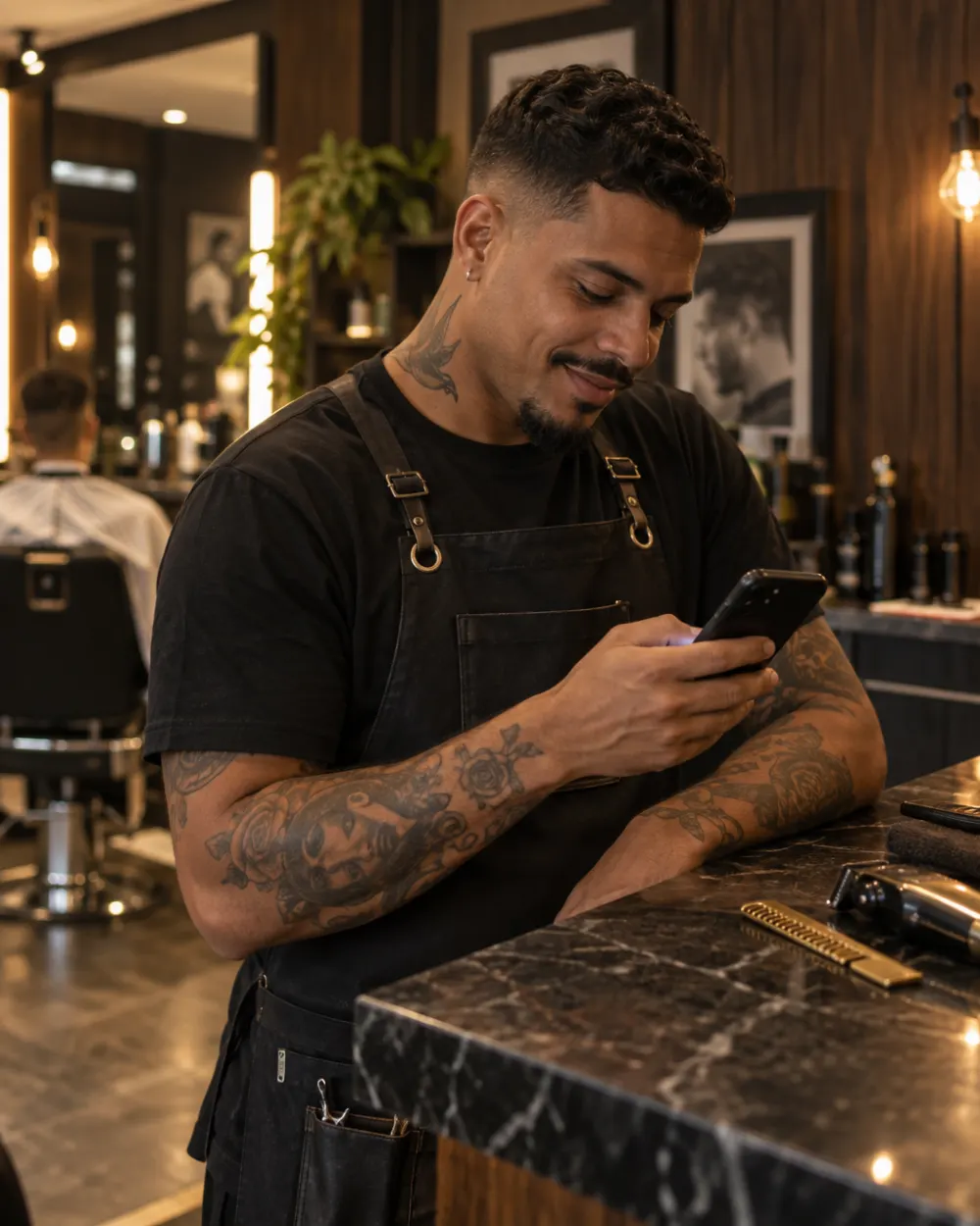 Barbeiro mandando mensagem no celular entre um corte e outro