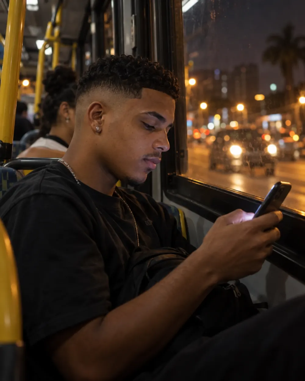 Cliente marcando o corte pelo celular, no ônibus à noite